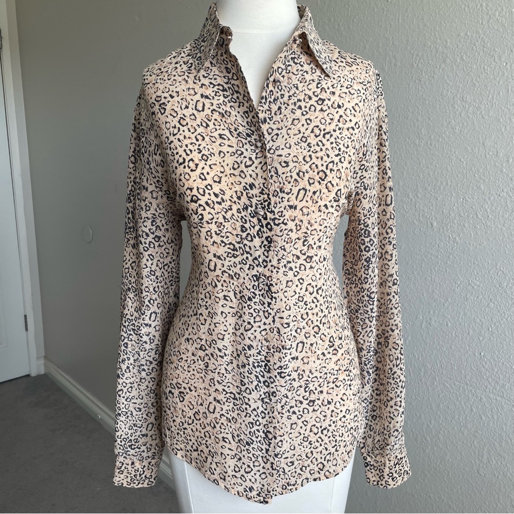 Allison Taylor 100% Silk Cream and Black Leopard Print Button-Down Shirt